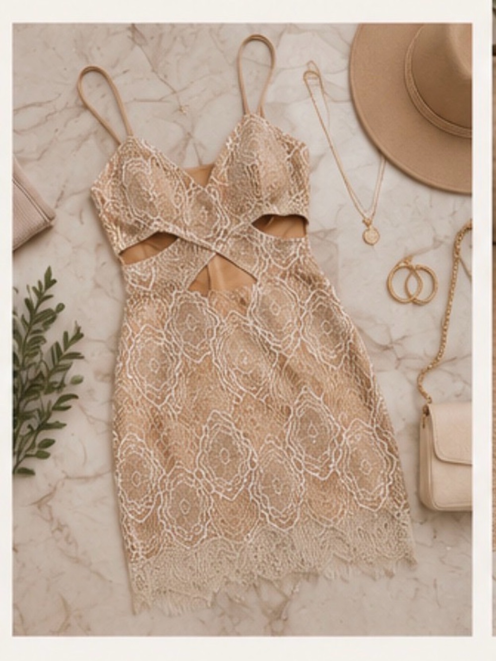 G by Guess Beige Lace Cutout Mini Dress with White Overlay